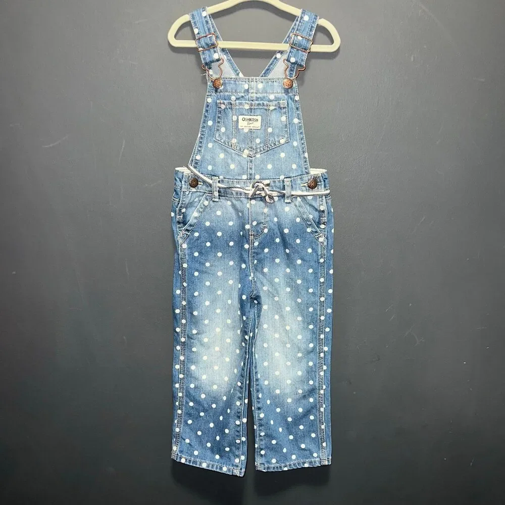 Oshkosh B'gosh Girls 3T Denim Polka Dot Overalls Blue White Belt Dungarees